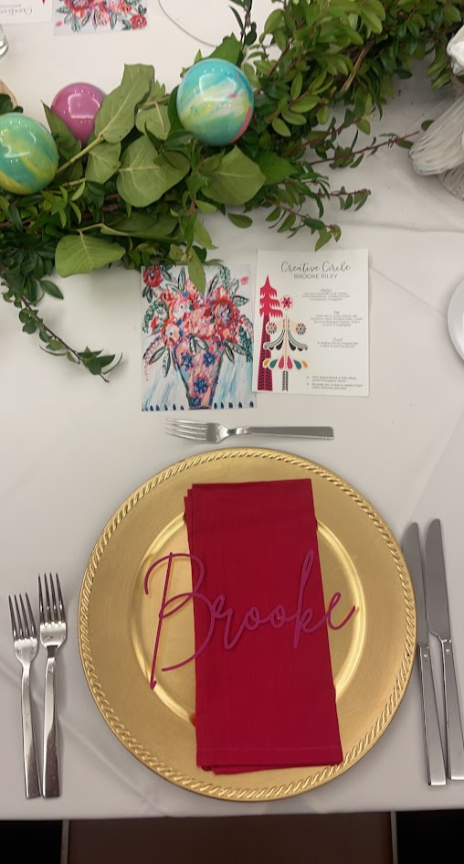 Personalized place setting with invitation and spring garland