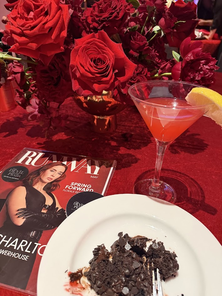 Red floral dinner setting with cocktail