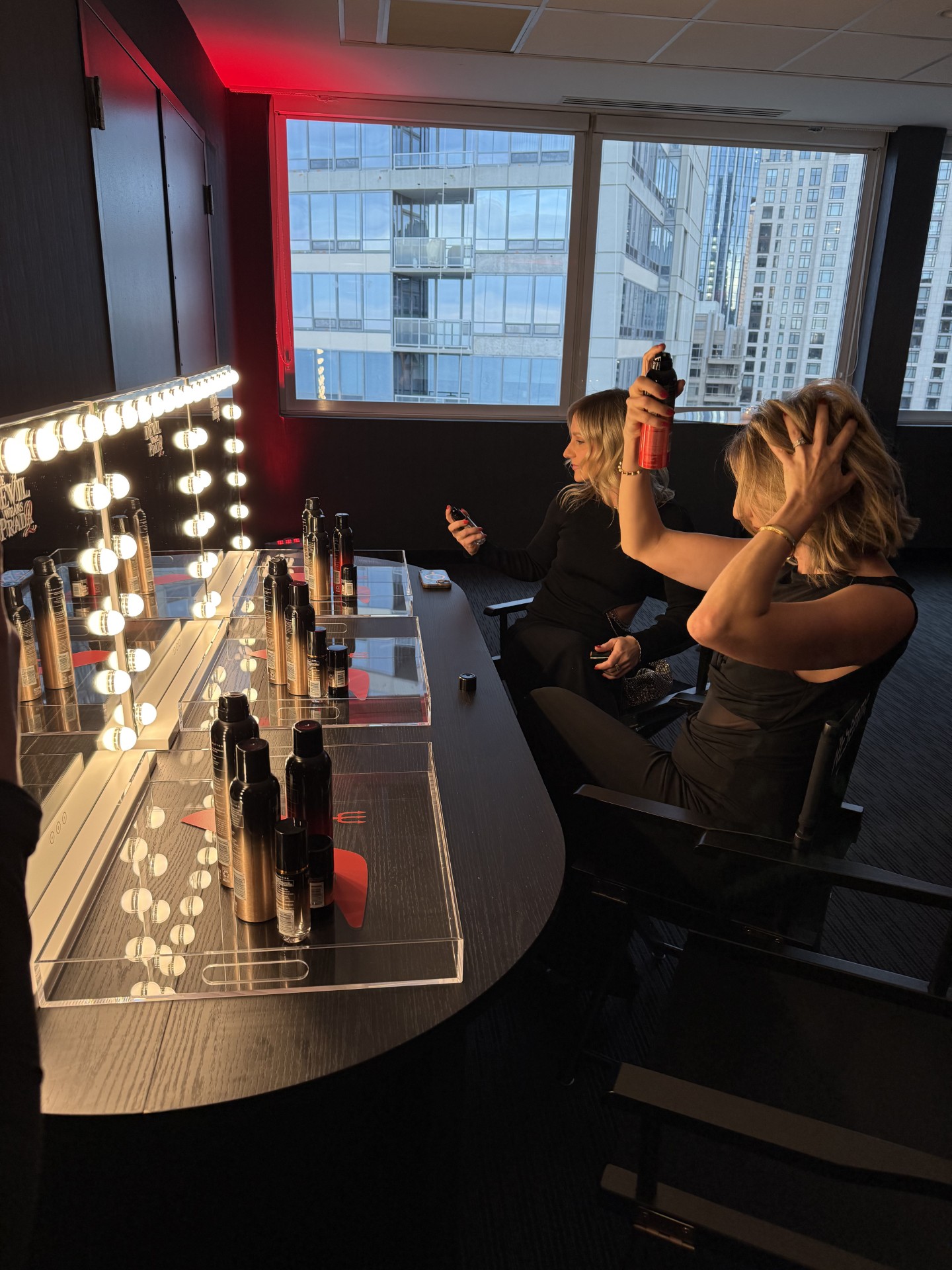 TRESemme glam station with lighted mirrors and styling products